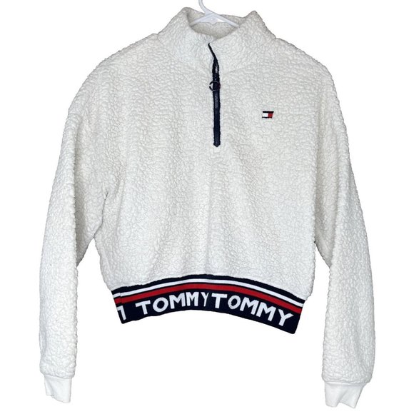 Tommy Hilfiger Tops - Tommy Hilfiger Sport Fuzzy Pullover Womans S White Faux Sheep 1/4 Zip Sweatshirt